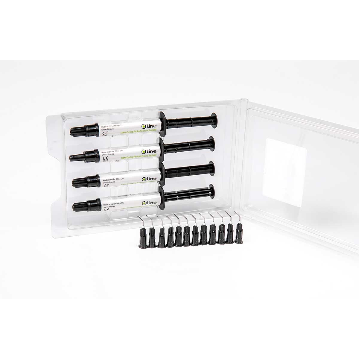 DLine Lichthärtende Fissuren und Grübchen Versiegelung, opak 4x3,8g Spritzen + 20 Tips