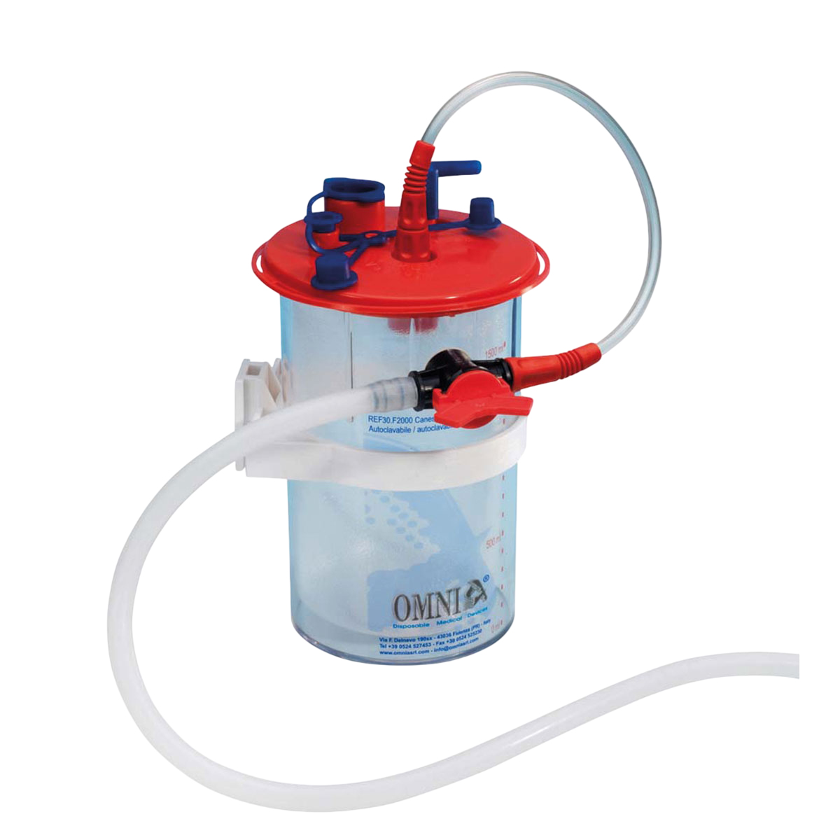 Behälter (1,5l) für Körperflüssigkeitssammelbeutel mit 1 Einwegbeutel und Verbindungsschlauch für den Behandlungsstuhl